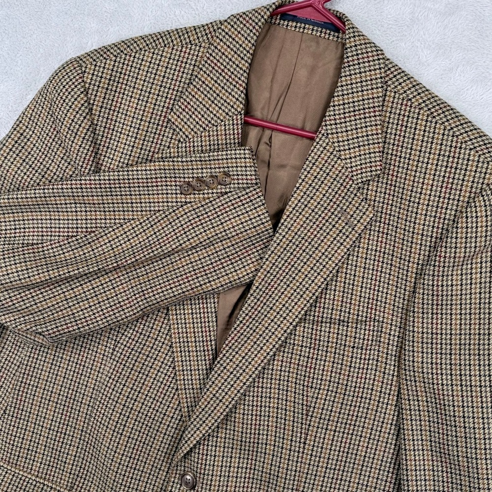 Chaps Ralph Lauren Blazer Men 44R Vintage Brown Silk Wool Houndstooth Sport Coat
